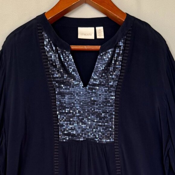 Chico's Navy Blue Sequin Front Yolk Long Sleeve Lace Trim Tunic Blouse Size XXL - Picture 3 of 16